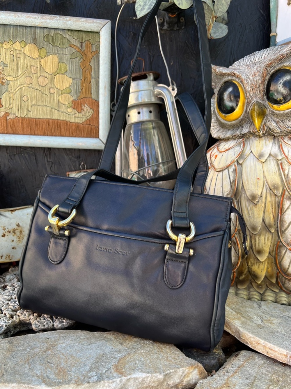 Laura Scott Black Leather Messenger Bag with Gold Hardware